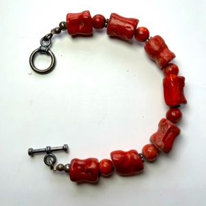 Natural Coral 8”Bracelet Toggle Closure, rectangular and Round stones. Handmade